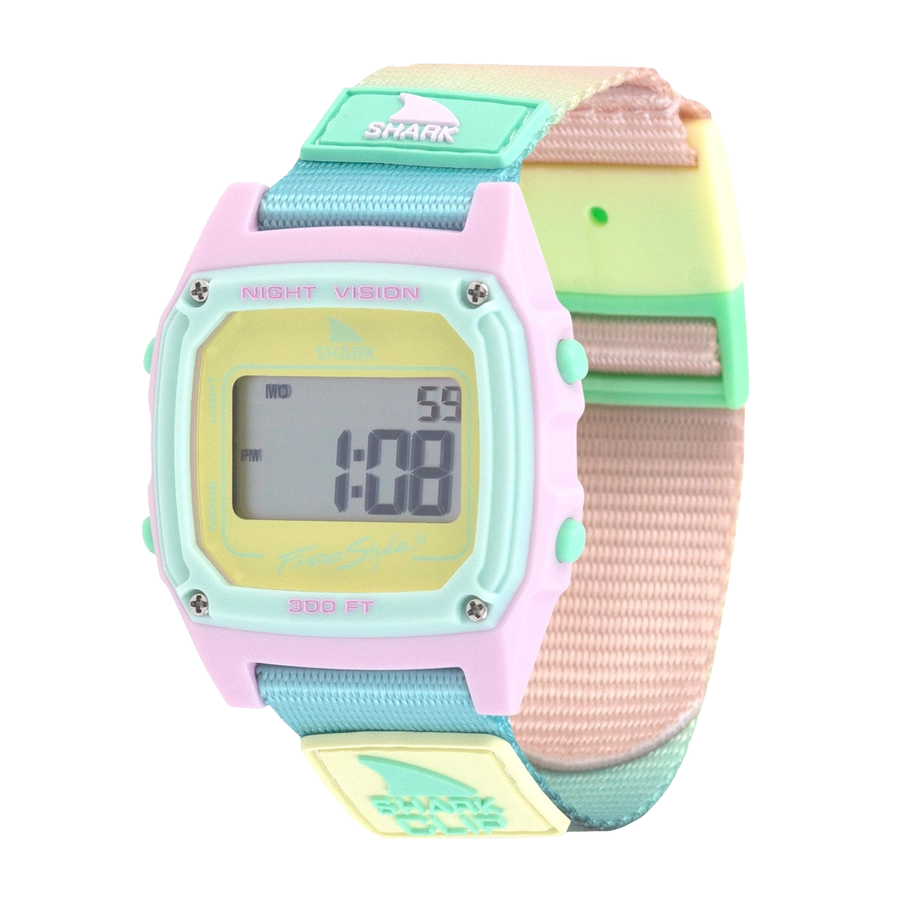 Colorful digital watch with a pastel strap and rectangular face.