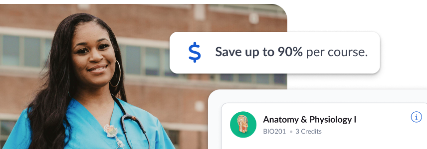 Smiling healthcare professional in scrubs with course savings message.