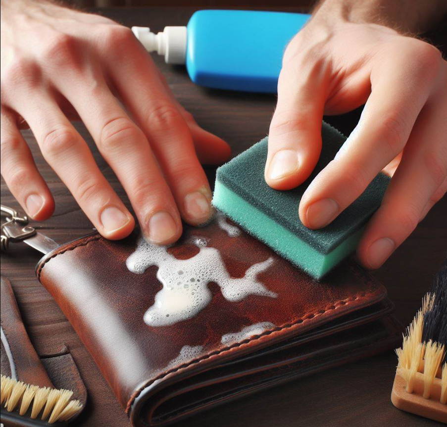 cleaning a leather wallet with soapy water