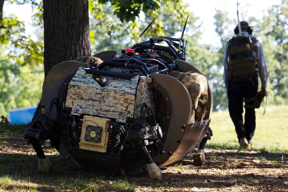 A legged squad support system (LS3) by the Defense Advanced Research Project Agency is shown during a demonstration at Joint Base Myer-Henderson Hall, Va., Sept. 10, 2012. The LS3 was being developed for use by the military to carry loads and equipment over a variety of terrains. (U.S. Marine Corps photo by Sgt. Mallory S. VanderSchans)