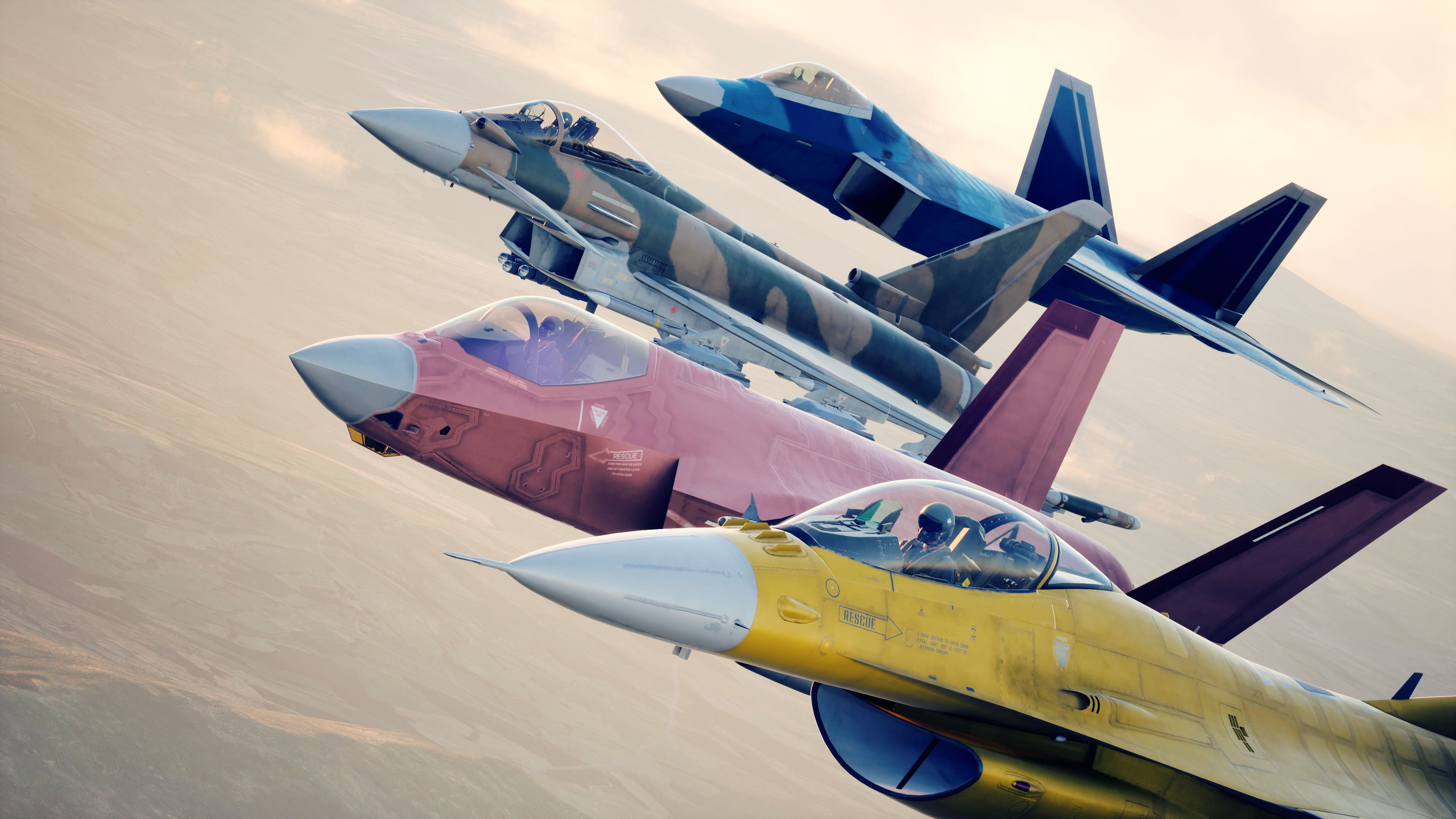 Four military aircraft flying in formation against a cloudy sky.