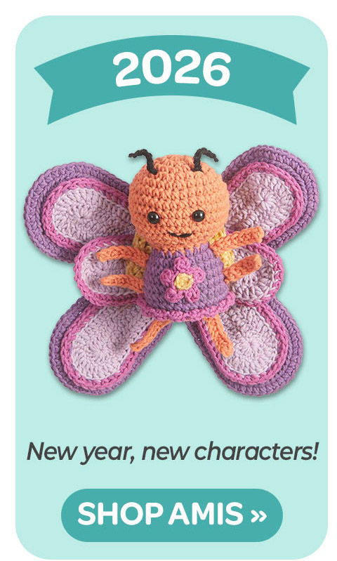 Amigurumi butterfly character with pink and orange colors for 2026. New year, new characters.