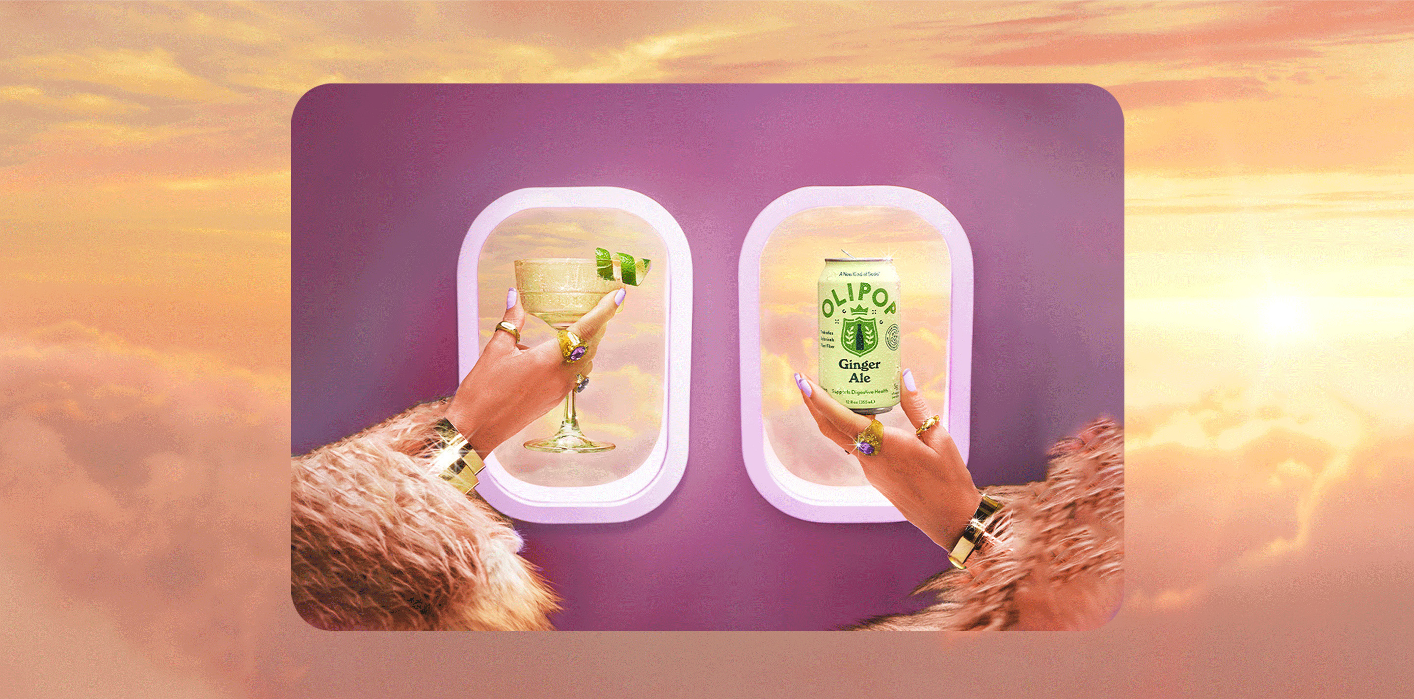 OLIPOP Besties sharing Ginger Ale on a flight