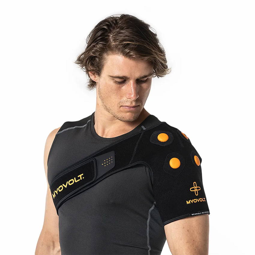 Myovolt vibration therapy shoulder brace is a breakthrough wearable sports technology for the daily treatment of shoulder muscle pain and stiffness