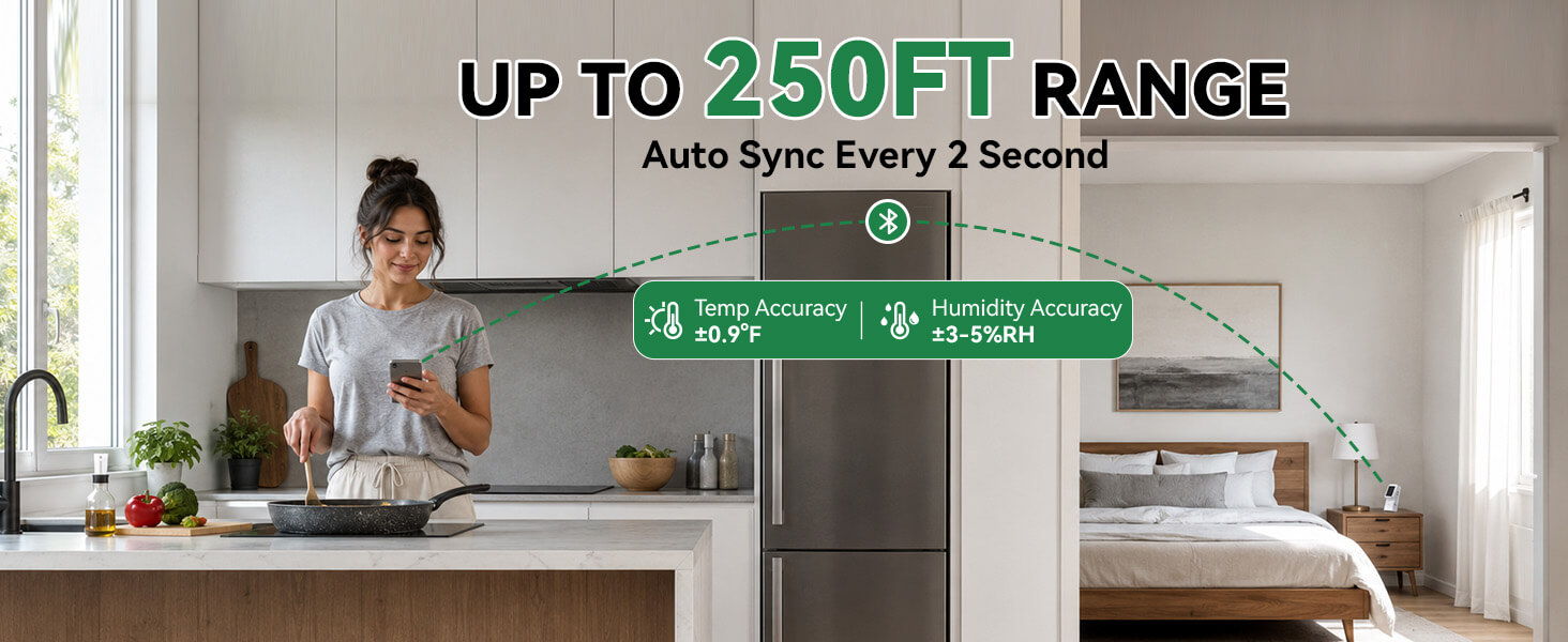 Woman cooking in kitchen with text about device range and features.