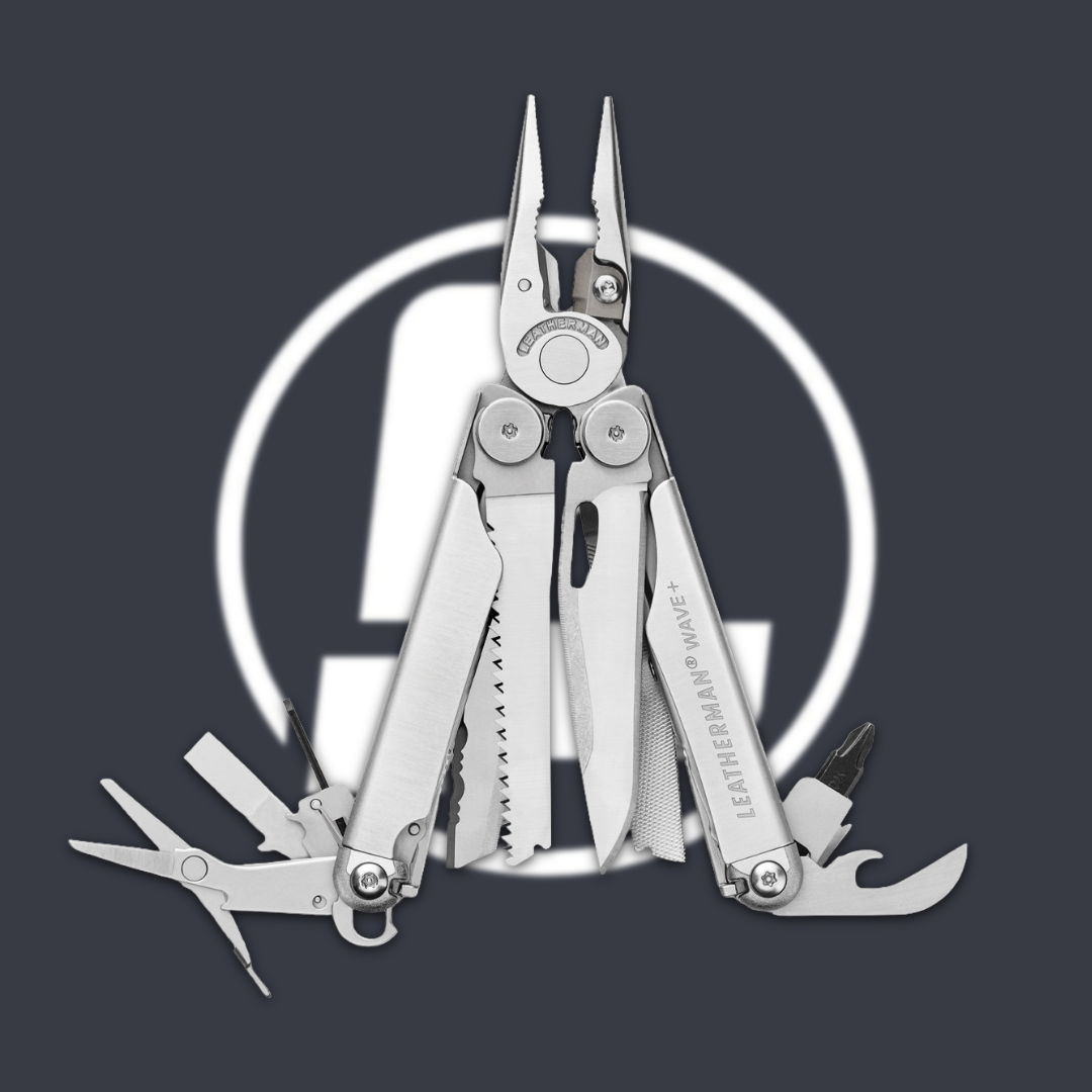 A multi-tool with pliers and various attachments on a dark background.