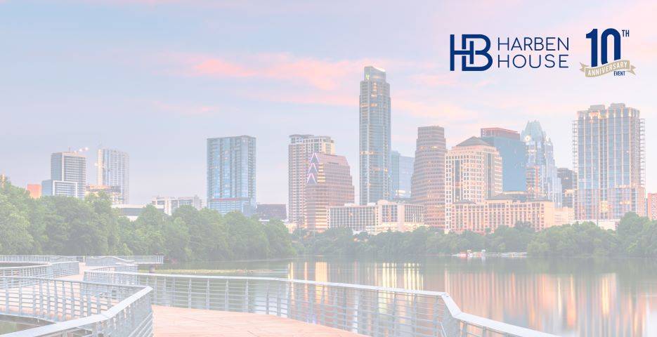 The Austin, TX skyline at sunset with a dock and river in the foreground, and the Haeben House 10th Anniversary Logo at the top. Photo credit: Sean Pavone