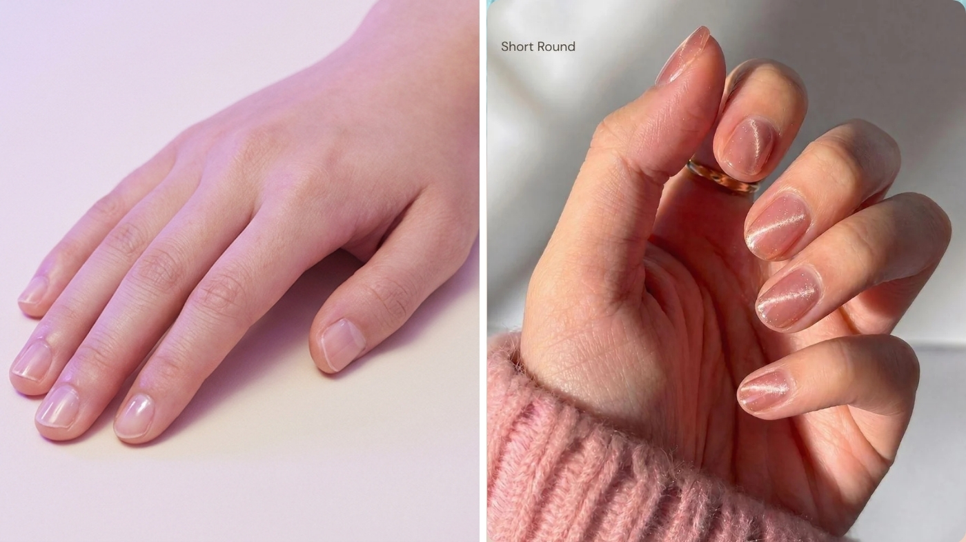 Side-by-side comparison of short 2 mm nails versus long 2 cm nails on identically posed hands