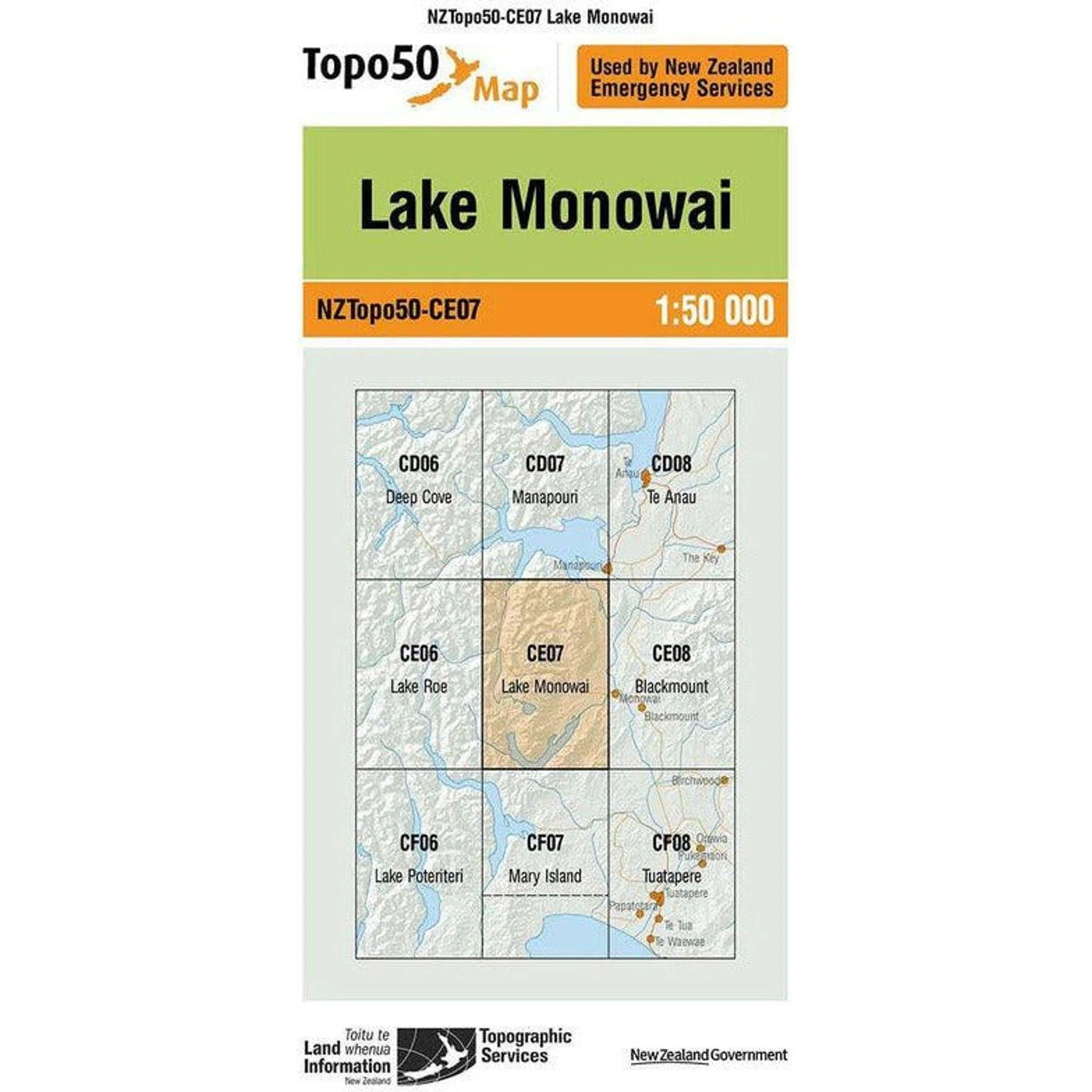 Topographic map of Lake Monowai, New Zealand, scale 1:50,000.