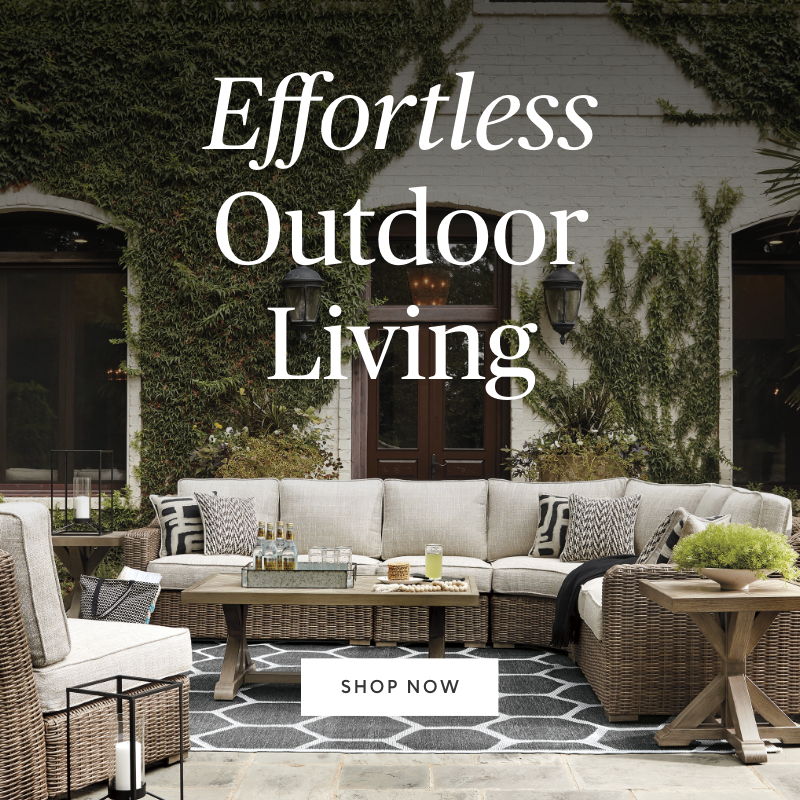 Text promoting outdoor living furniture with a stylish setup.