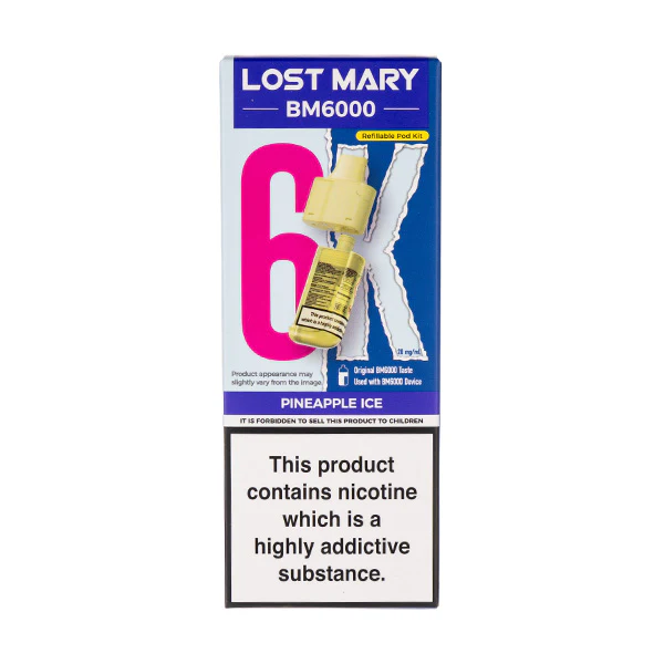 Lost Mary BM6000 vape product with warning label about nicotine addiction.