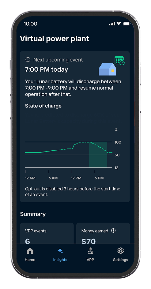 Lunar Energy mobile app interface showing virtual power plant battery status and upcoming events.