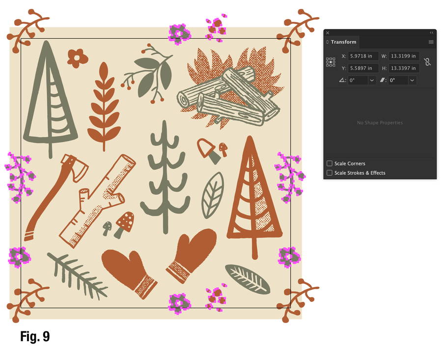 Figure 9 vector forest and camping motifs in Illustrator. Shapes touching the border are selected.