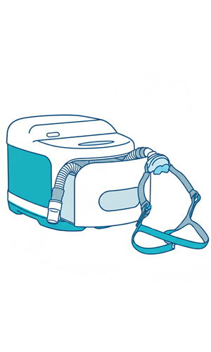 Illustration of a portable medical device with straps and tubing.