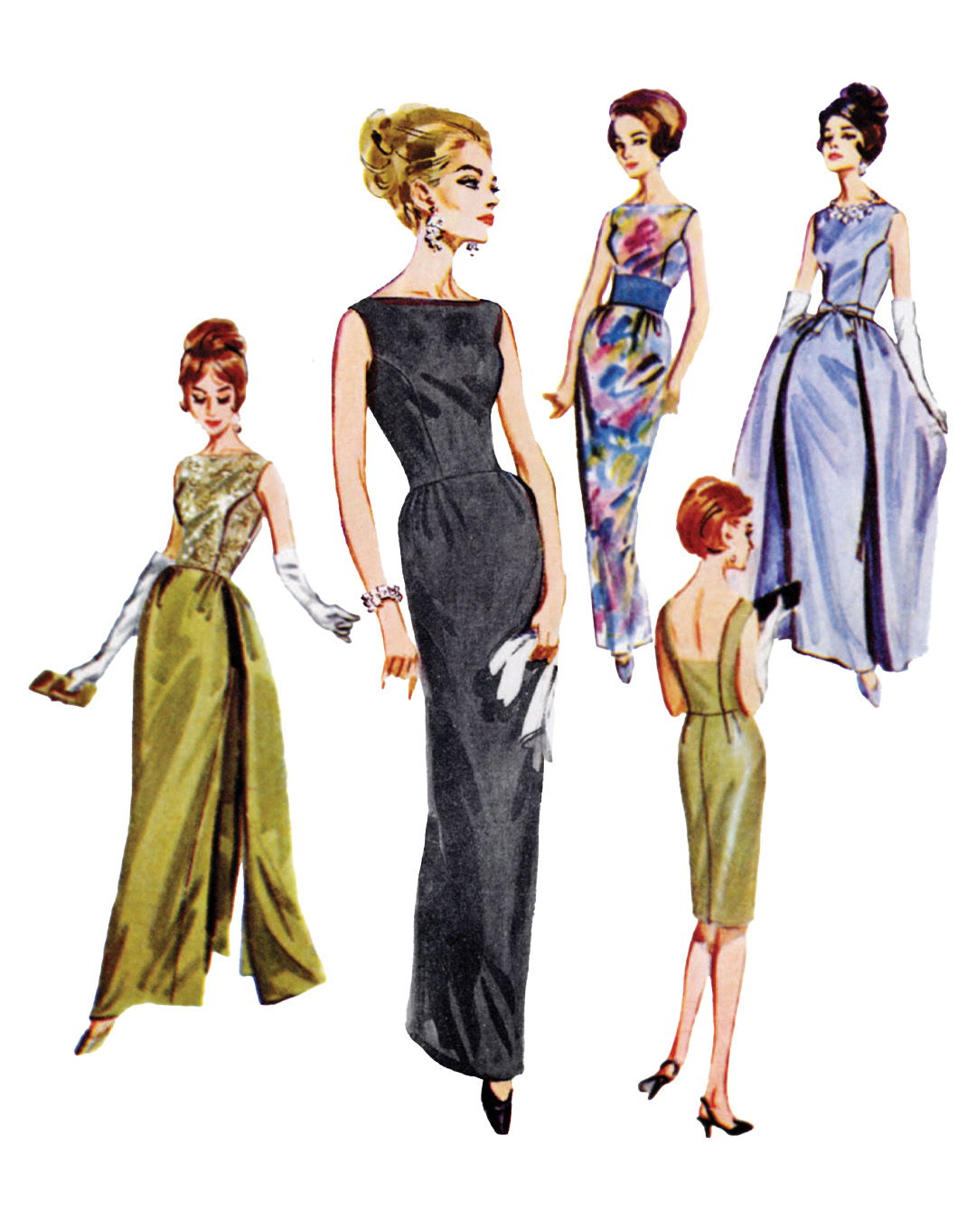Illustration of five fashionable women in elegant dresses from the 1960s.