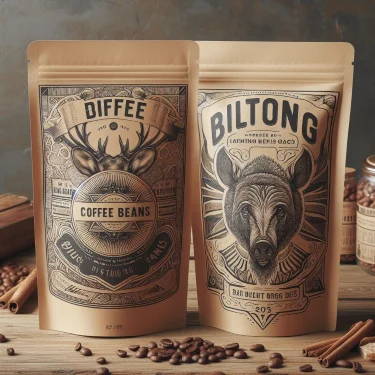 2 kraft stand up pouches with one containing coffee beans and the other biltong.