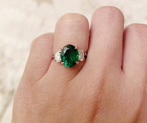 Tsavorite and Oval Diamond Three-Stone Ring WILLS JEWELLERY