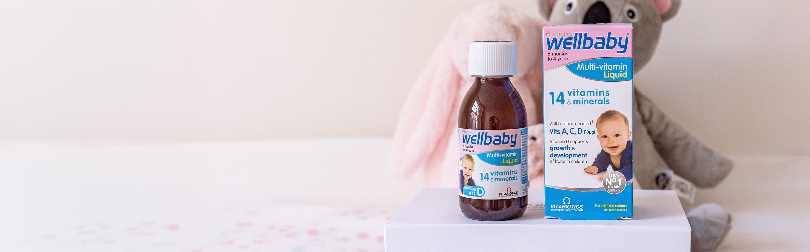  From sleeping to snuggles and sharing smiles, your baby has a lot to get done – and the right nutrition plays an important role in development. Wellbaby Multi-vitamin Liquid provides 14 vitamins and minerals, including those recommended by the Department of Health, in a gentle, delicious liquid. 