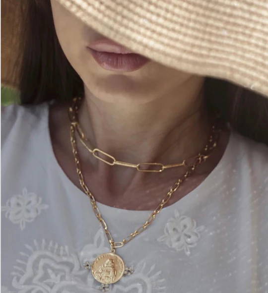 Eleonora Maressa wears Soru Jewellery gold coin pendant necklace 