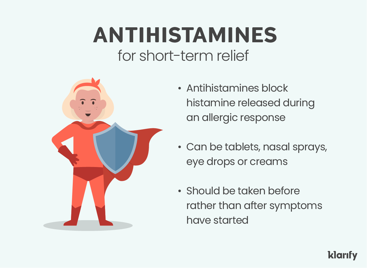Infographic about antihistamine, a common allergy medicine for kids for short-term relief. Details of the infographic listed below