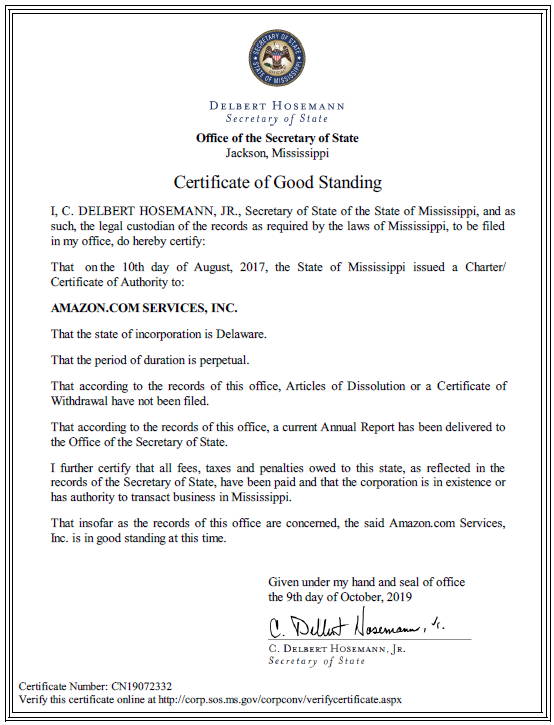 mississippi certificate of good standing sample