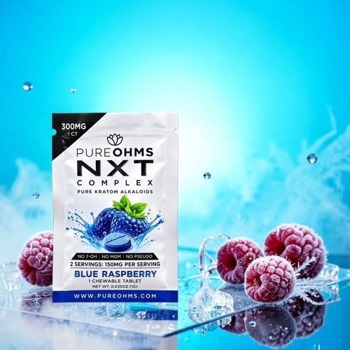 Packet of Blue Raspberry drink mix with raspberries and a blue background.