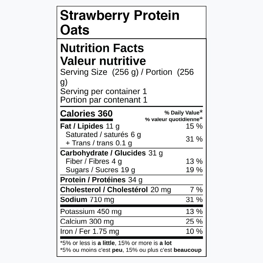 Nutrition facts for Strawberry Protein Oats, including calories and nutrients.