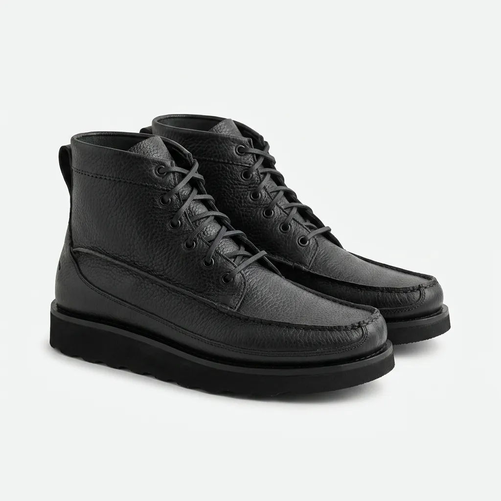 Black leather ankle boots with laces and a thick sole.