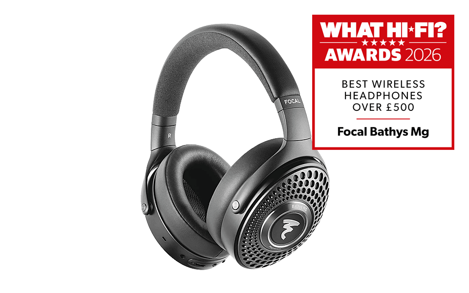 Black wireless headphones with award badge for best headphones over $500.