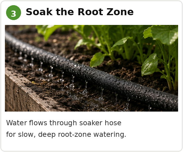 Water flows through soaker hose for deep root-zone watering.