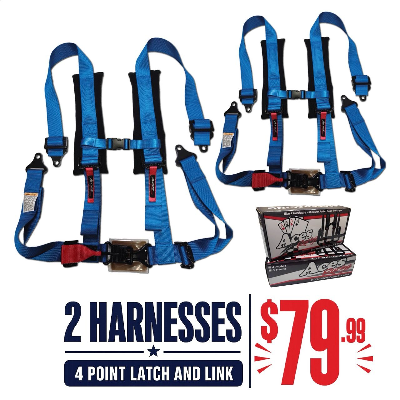Two blue harnesses with a 4-point latch and link, priced at $79.99.