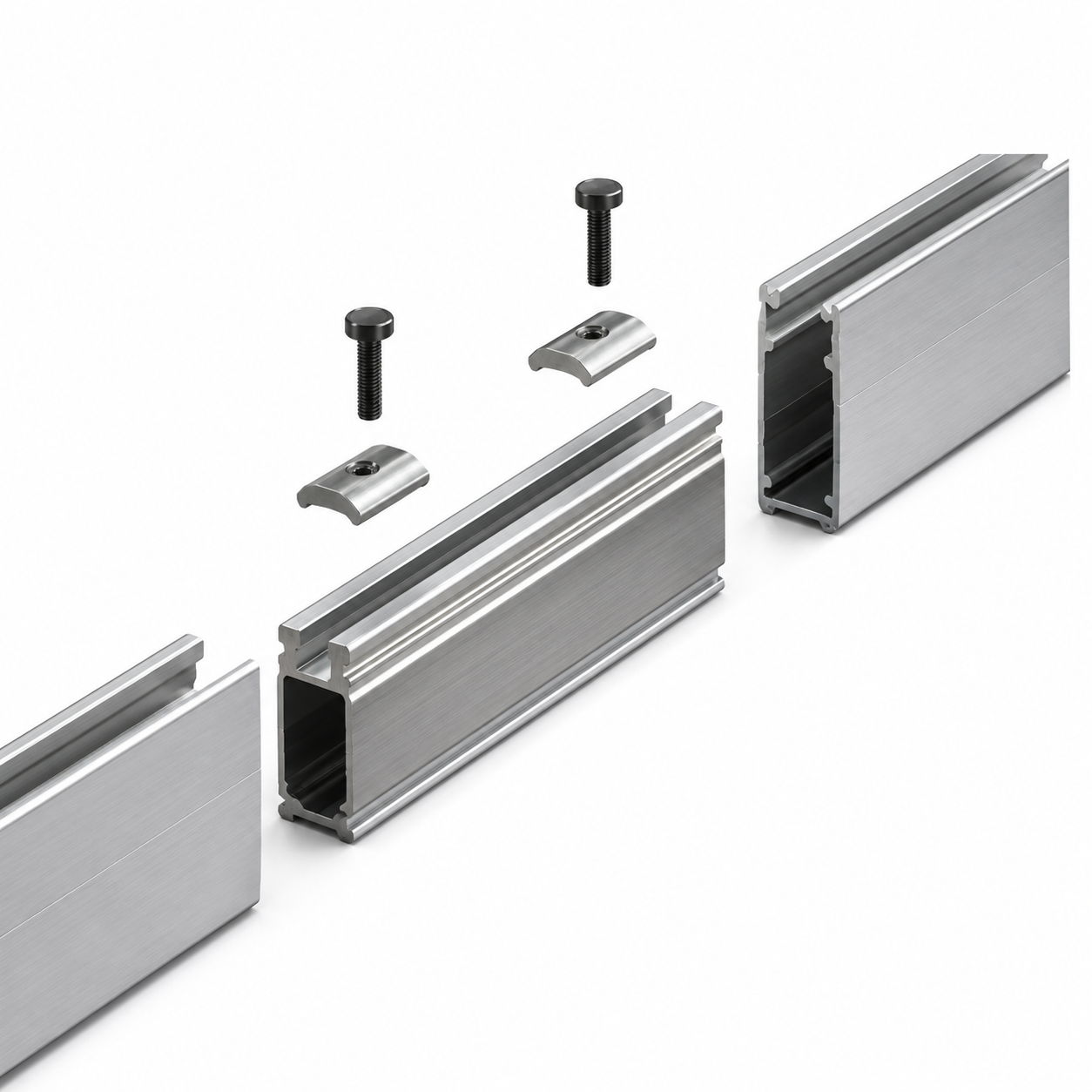 Metal profile sections with screws and connectors arranged in sequence.