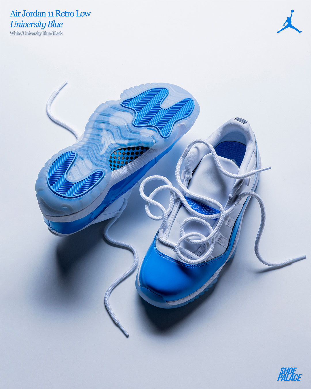 Air Jordan 11 Retro Low in University Blue, showcased from above.