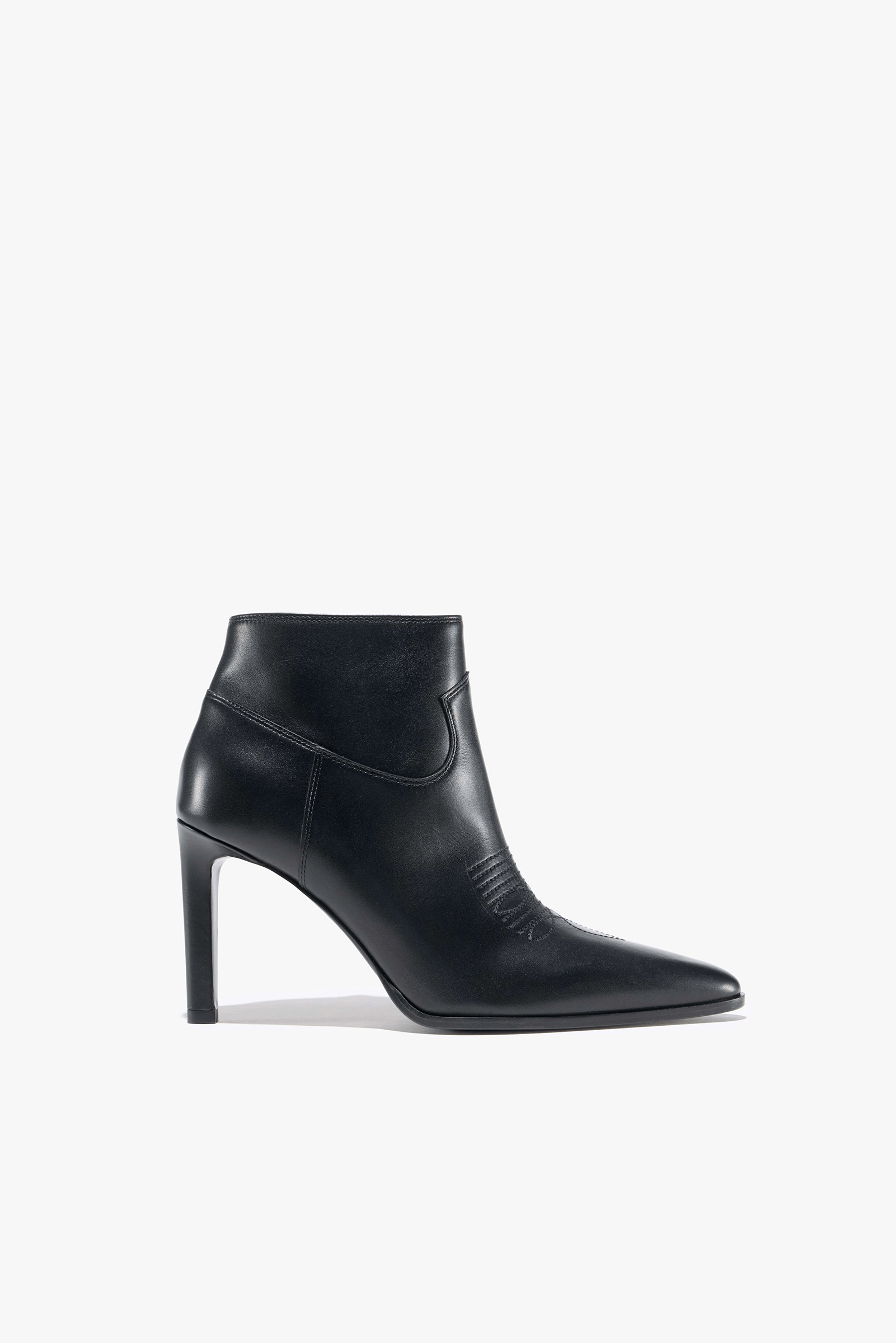 Black leather high-heeled ankle boot on a white background.
