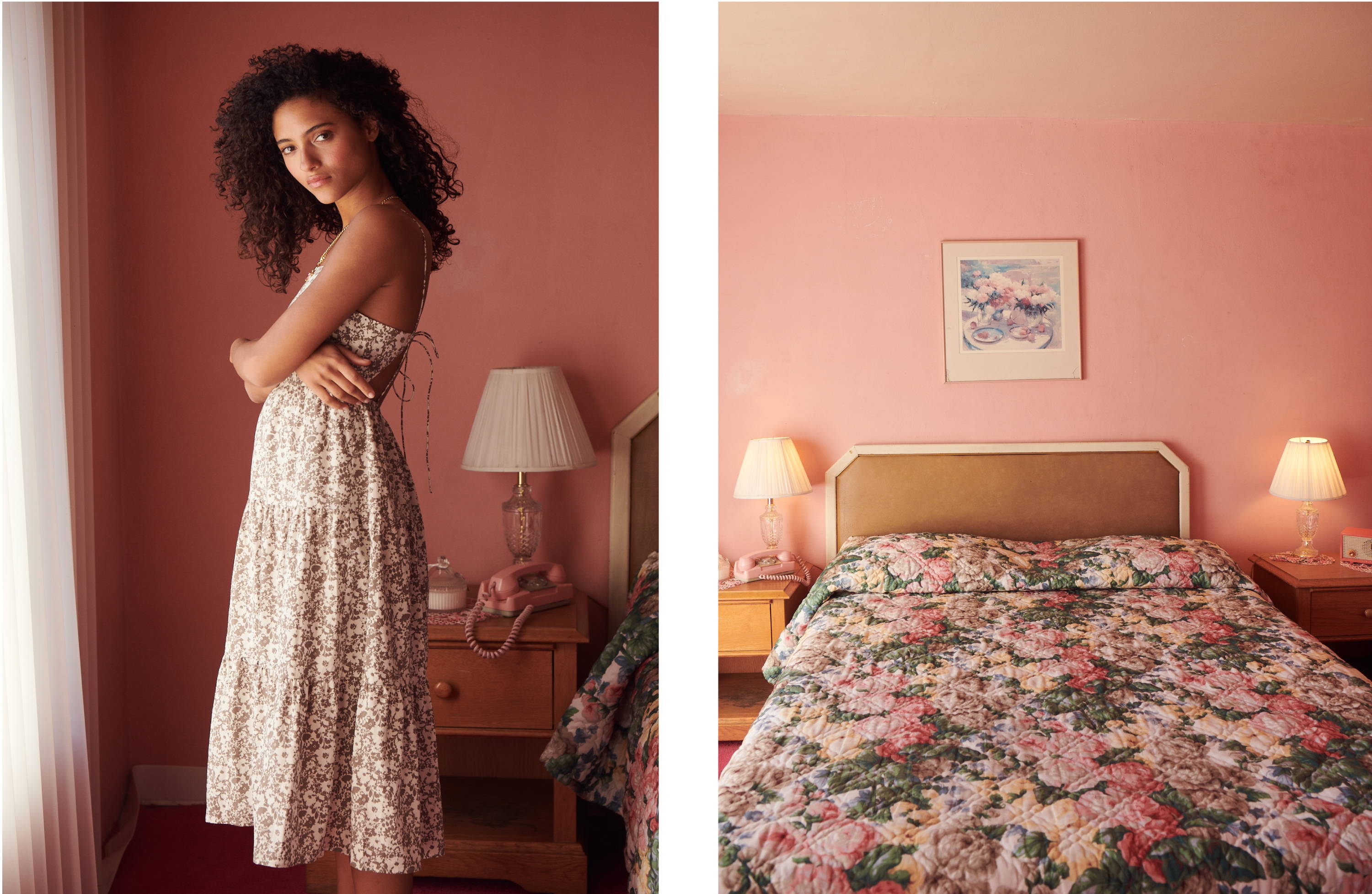 Model in hotel room wearing Leni dress in cafe floral - image 2