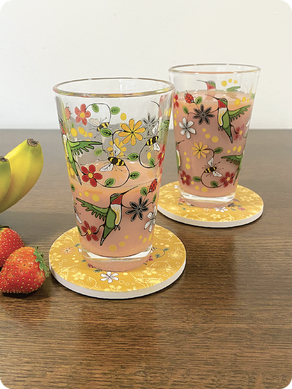 Hummingbird (Nenookaasi) Printed Glass Tumblers Set of 2 by Storm Angeconeb, Lac Seul First Nation, Ojibwe