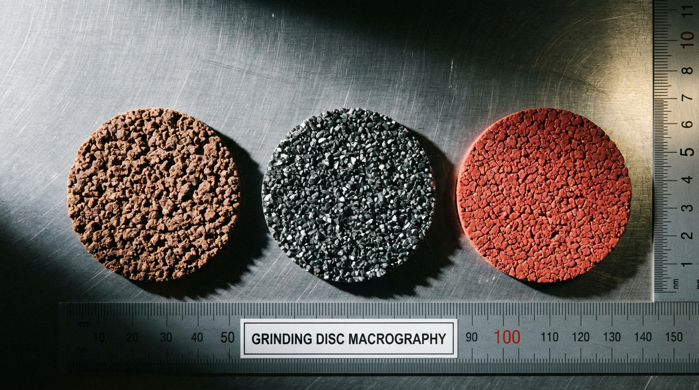Close-up macro comparison of three grinding disc grain structures: aluminum oxide (brown), silicon carbide (dark gray), and ceramic (red) on a brushed steel surface