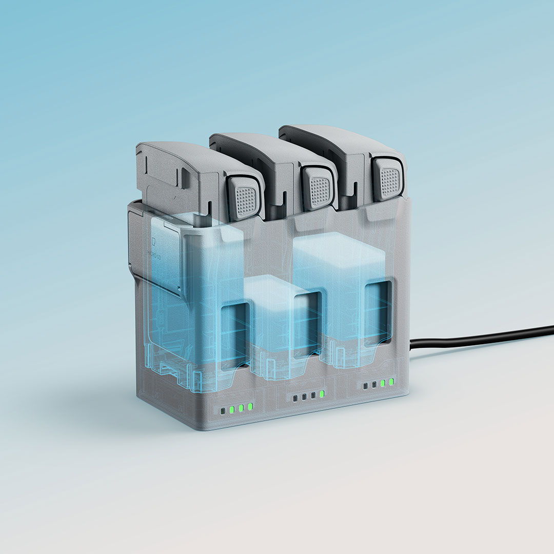 Charging station with three battery slots and indicator lights.