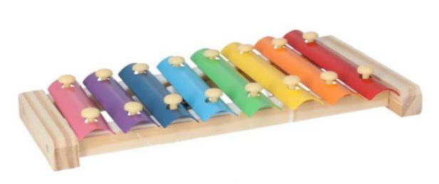 Colorful wooden xylophone with eight bars arranged in a row.