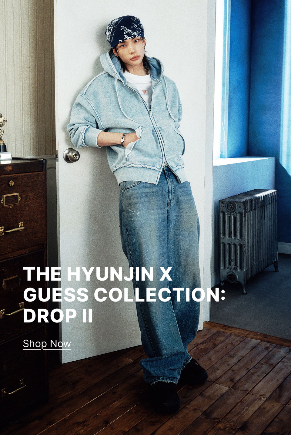 Hyunjin wearing the new Hyunjin x GUESS JEANS range