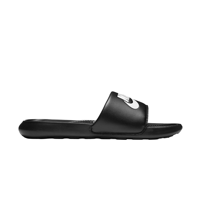Black slide sandal with a white logo on the strap.
