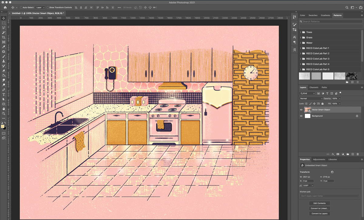 Vector Mid-Century kitchen illustration imported into Adobe Photoshop as Vector Smart Object in Layers Panel