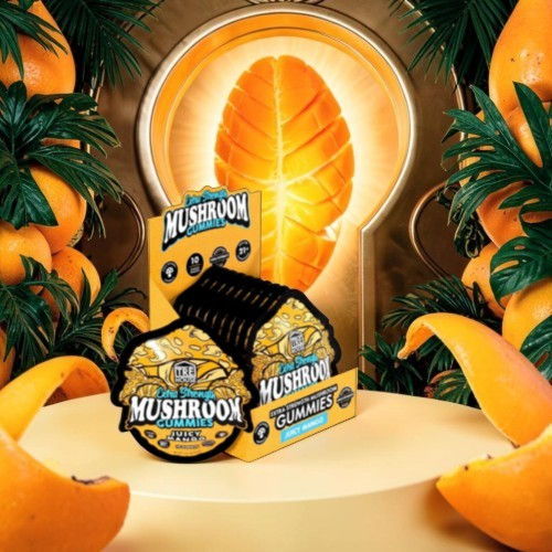 Mushroom product packaging surrounded by tropical fruits and a glowing background.