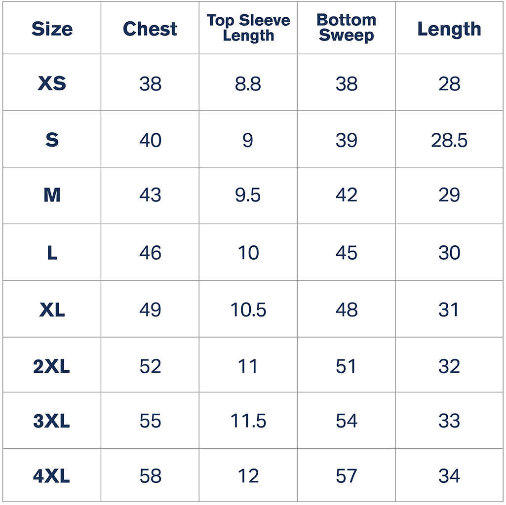 Size chart with measurements for clothing sizes XS to 4XL.