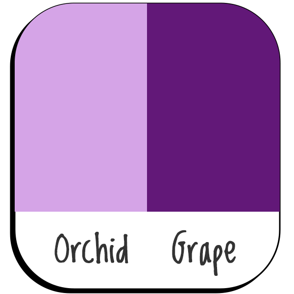 Colour Swatch divided verticall in half labelled Orchid and Grape