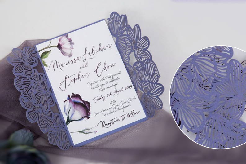 Lavender invites with laser cut paper