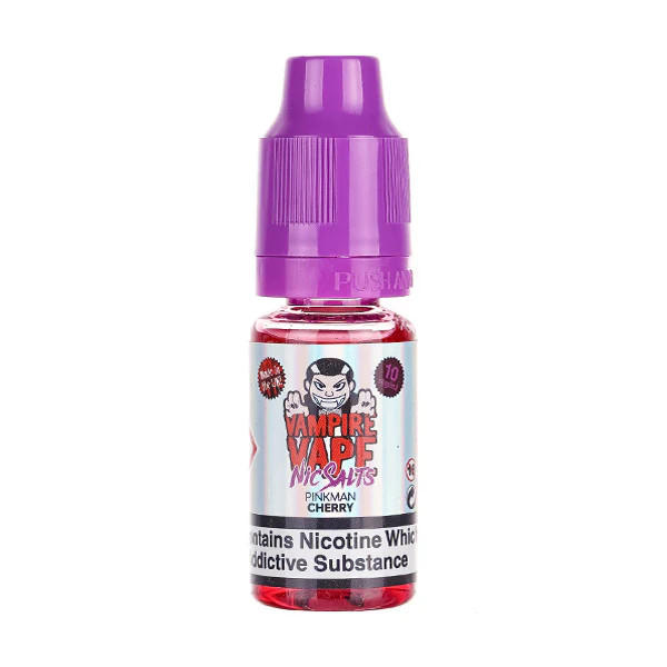 Bottle of vape juice with purple cap and graphic label.