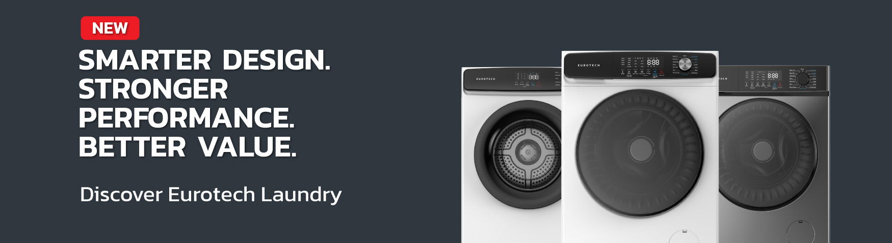 Three laundry appliances with promotional text about design and performance.