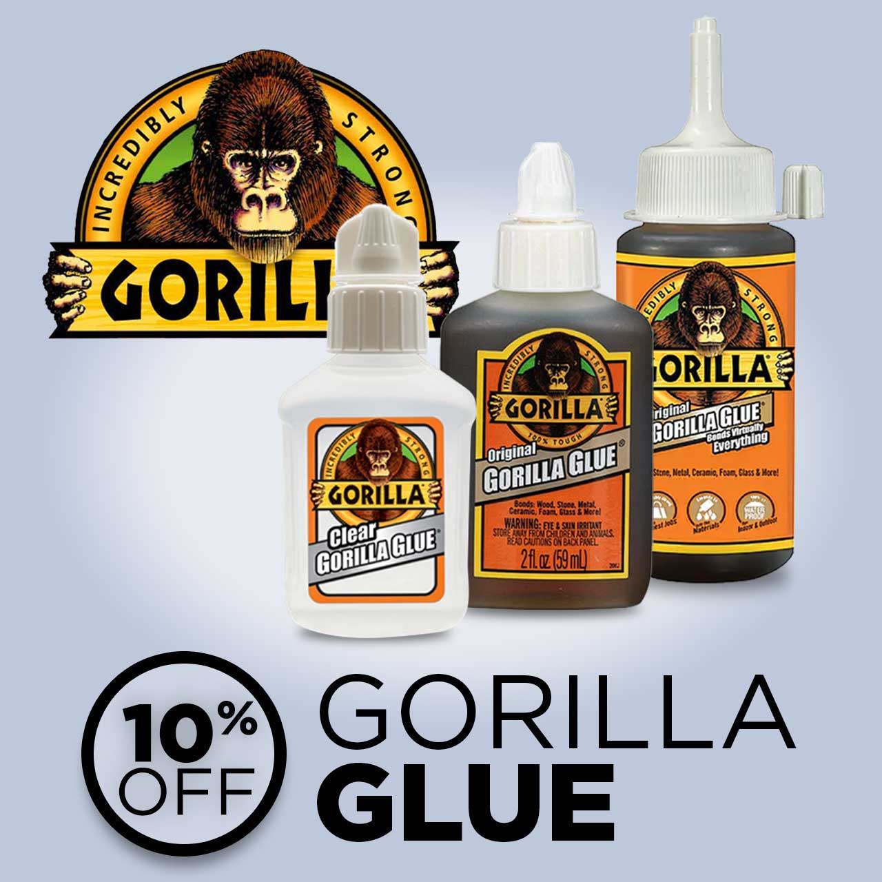 Three bottles of Gorilla Glue with a promotional discount.