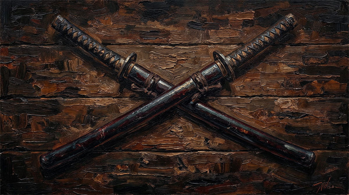 Two crossed swords on a wooden background.